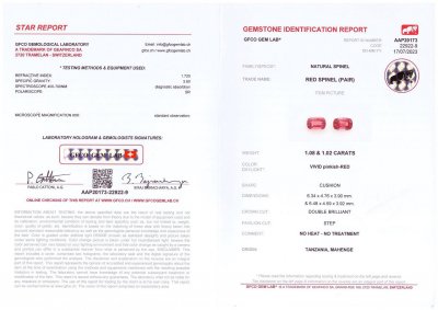 Сертификат Пара розово-красных шпинелей Махенге в огранке кушон 2,10 карат