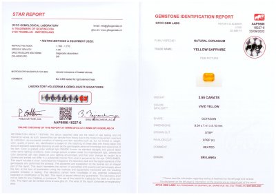 Сертификат Насыщенно жёлтый сапфир в огранке октагон 3,55 карат, Шри-Ланка