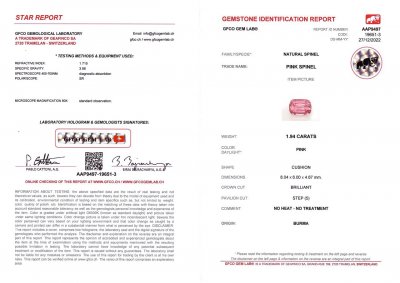Сертификат Яркая розовая шпинель 1,94 карат, Бирма