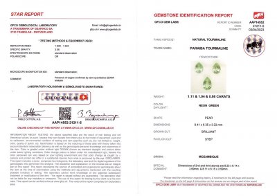 Сертификат Сет турмалинов Параиба  в огранке груша 3,13 карат, Мозамбик