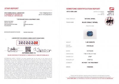 Сертификат Синяя кобальтовая шпинель из Танзании в изумрудной огранке 1,49 карат