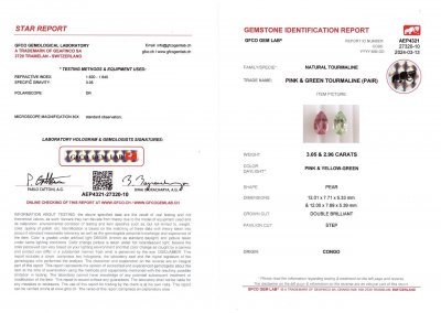 Сертификат Контрастная пара розового и зеленого турмалина в огранке груша 6,01 карат