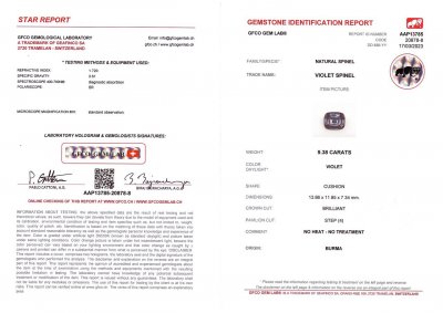 Сертификат Пурпурная шпинель из Бирмы 9,38 карат