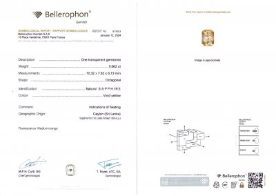 Сертификат Золотой сапфир в огранке радиант 5,06 карат, Шри-Ланка