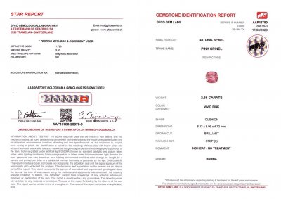 Сертификат Яркая розовая шпинель в огранке кушон 2,36 карат, Бирма