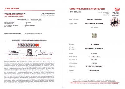 Сертификат Необлагороженный зеленый сапфир в огранке кушон 1,62 карата, Мадагаскар