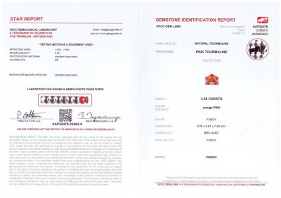 Сертификат Оранжево-розовый турмалин в фантазийной огранке 3,38 карата