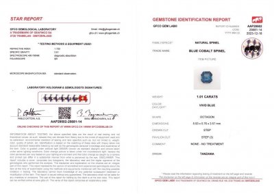 Сертификат Синяя кобальтовая шпинель в огранке октагон 1,01 карат, Танзания