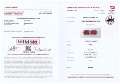 Сертификат Пара турмалинов рубеллитов 14,02 карата из Нигерии в огранке кушон