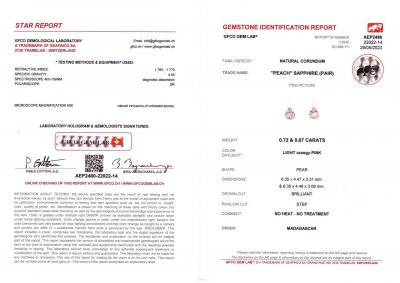 Сертификат Пара негретых розовых сапфиров 1,39 карат, Мадагаскар