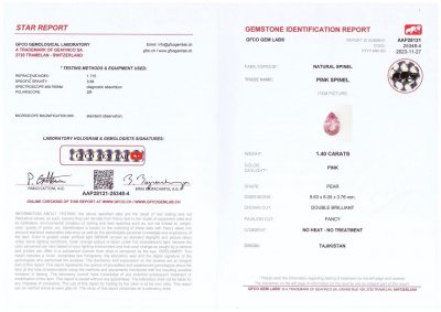 Сертификат Розовая шпинель в огранке груша 1,40 карата, Памир