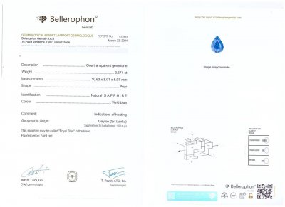 Сертификат Синий сапфир 3,57 карат в огранке груша из Шри-Ланки