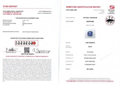 Сертификат Ярко-голубой сапфир в огранке радиант 3,08 карат, Шри-Ланка