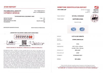 Сертификат Пара сапфиров цвета Cornflower Blue в огранке овал 0,53 карат, Шри-Ланка