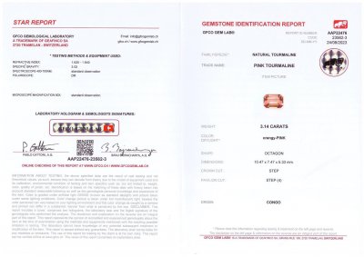 Сертификат Розовато-оранжевый турмалин в огранке октагон 3,14 карат