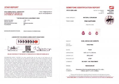 Сертификат Комплект негретых розовых сапфиров из Мадагаскара в огранке груша 2,05 карата