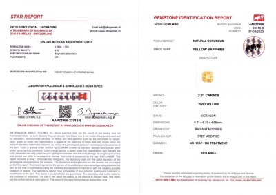 Сертификат Желтый негретый сапфир в огранке радиант 2,01 карат, Шри-Ланка