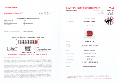 Сертификат Насыщенная красно-розовая Махенге шпинель в огранке кушон 8,14 карат, Танзания