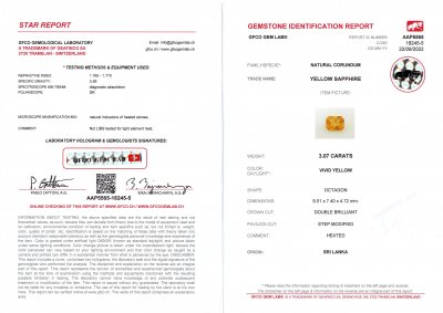 Сертификат Яркий жёлтый сапфир в огранке радиант 3,07 карат, Шри-Ланка
