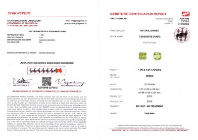 Сертификат Пара неоново-зеленых гранатов цаворитов в огранке октагон 2,06 карат
