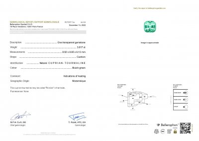 Сертификат Яркая голубовато-зеленая неоновая параиба 3,61 карат