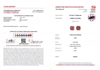 Сертификат Пара розовых турмалинов 7,83 карата из Нигерии в огранке ашер 