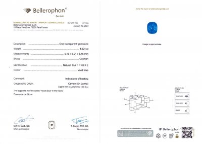 Сертификат Яркий сапфир цвета Royal Blue 4,02 карата в огранке кушон, Шри-Ланка