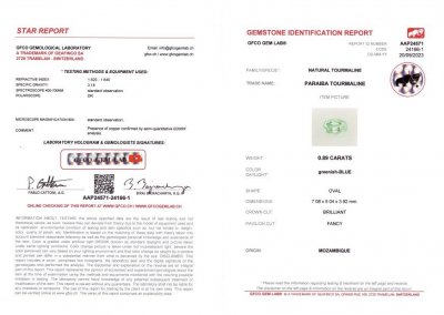 Сертификат Зеленовато-голубой турмалин Параиба 0,89 карата, Мозамбик
