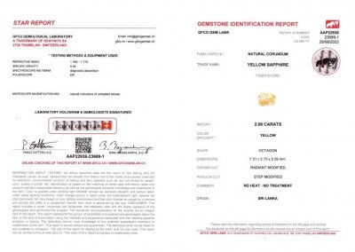 Сертификат Негретый жёлтый сапфир в огранке радиант 2,06 карат, Шри-Ланка
