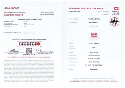 Сертификат Памирская розовая шпинель в огранке принцесса 1,55 карата