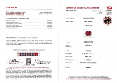 Сертификат Красная бирманская шпинель 2,63 карата, GFCO