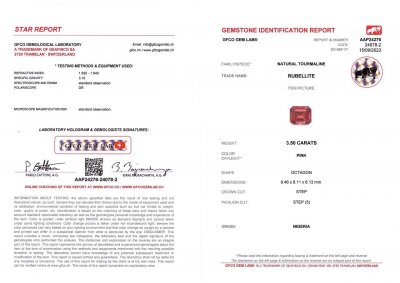 Сертификат Красно-розовый рубеллит в огранке октагон 3,50 карата, Нигерия