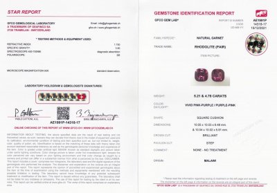 Сертификат Пара редких гранатов родолитов из Малави в огранке кушон 9,99 карат