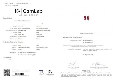 Сертификат Комплект рубинов цвета Pigeon's blood 3,51 карата, Мозамбик, ICA