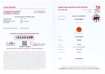 Сертификат Насыщенный клиногумит 4,24 карат в огранке круг, Афганистан