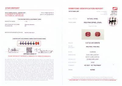 Сертификат Контрастная пара розовой и красной шпинели в огранке кушон 0,72 карат, Бирма