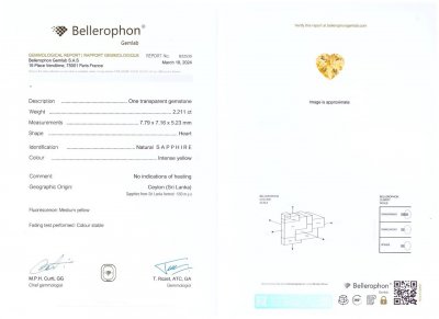 Сертификат Яркий необлагороженный жёлтый сапфир в огранке сердце 2,21 карат, Шри-Ланка