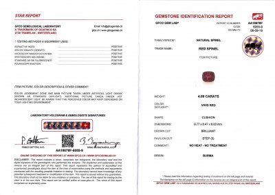 Сертификат Красная бирманская шпинель 4,10 карат, GFCO, MGL
