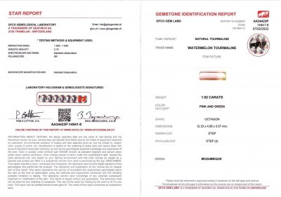Сертификат Арбузный турмалин в огранке октагон 1,92 карата, Мозамбик