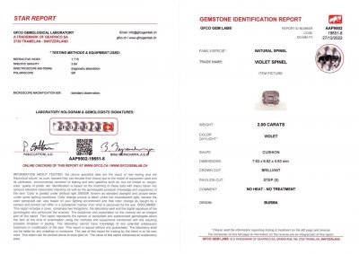 Сертификат Пурпурная шпинель в огранке кушон 2,00 карата