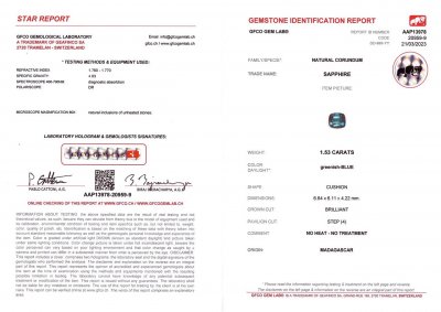 Сертификат Негретый teal сапфир в огранке кушон 1,53 карат, Мадагаскар