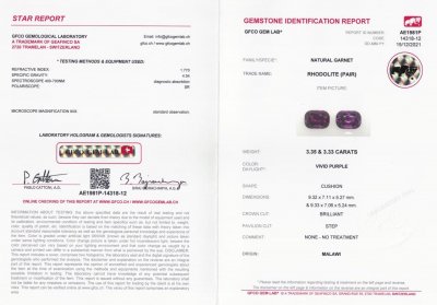 Сертификат Пара пурпурных гранатов в огранке кушон 6,68 карат, Малави