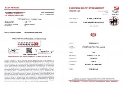 Сертификат Негретый сапфир Падпараджа в огранке овал 0,96 карат, Мадагаскар