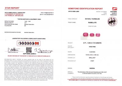 Сертификат Сет рубеллитов ярко-розового цвета 6,28 карата в огранке кушон