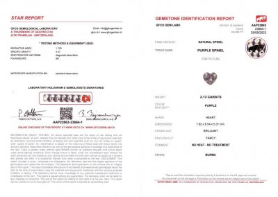 Сертификат Насыщенная фиолетовая шпинель в огранке сердце 2,13 карат, Бирма