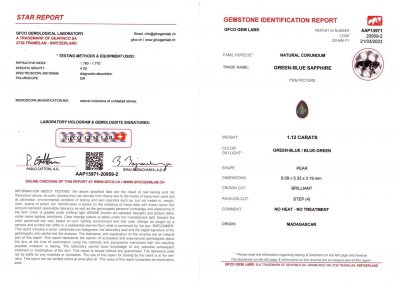 Сертификат Мадагаскарский негретый сапфир в огранке груша 1,12 карат