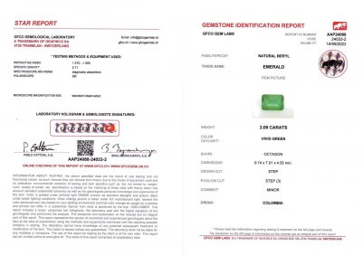 Сертификат Колумбийский изумруд Vivid Green 2,09 карат в огранке октагон