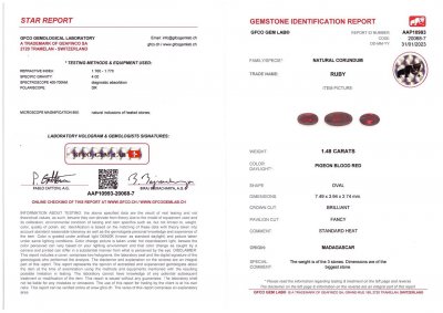 Сертификат Сет мадагаскарских рубинов цвета голубиная кровь 1,48 карат