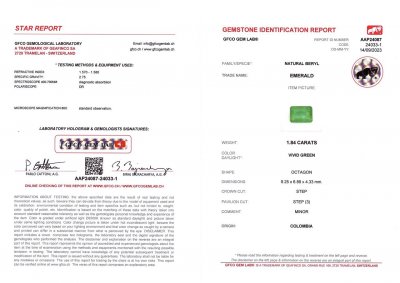 Сертификат Колумбийский изумруд 1,84 карата в огранке октагон, Vivid Green