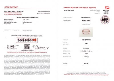 Сертификат Насыщенный розовый морганит в огранке октагон 6,94 карата, Бразилия